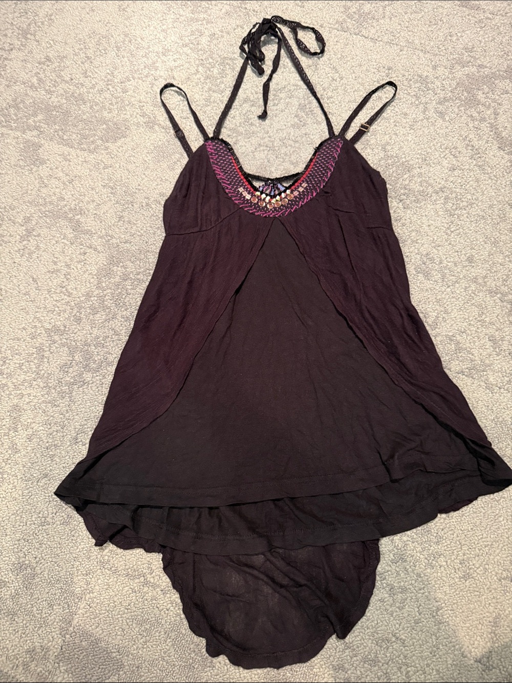 Free People Embellished Black Halter Top with straps and Pink Embroidered Accent